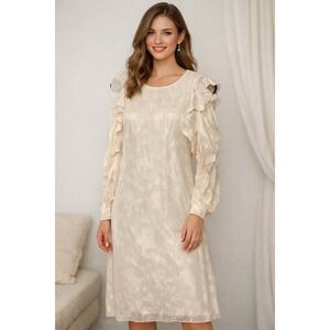Doncaster cream textured ruffle shoulder long sleeve shift dress elegant 0